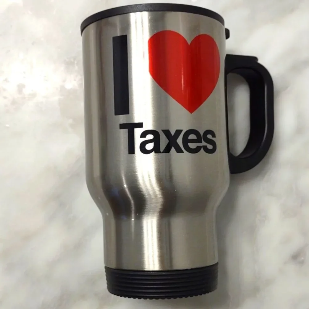 NWT I ❤️ Taxes Handle Travel Coffee Mug